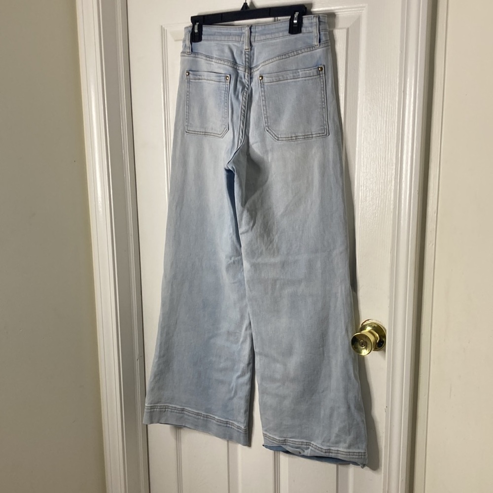 Maeve by Anthropologie Wide Leg Light Blue Jeans Size 6 Cotton Blend Tiny Flaw - Picture 2 of 10